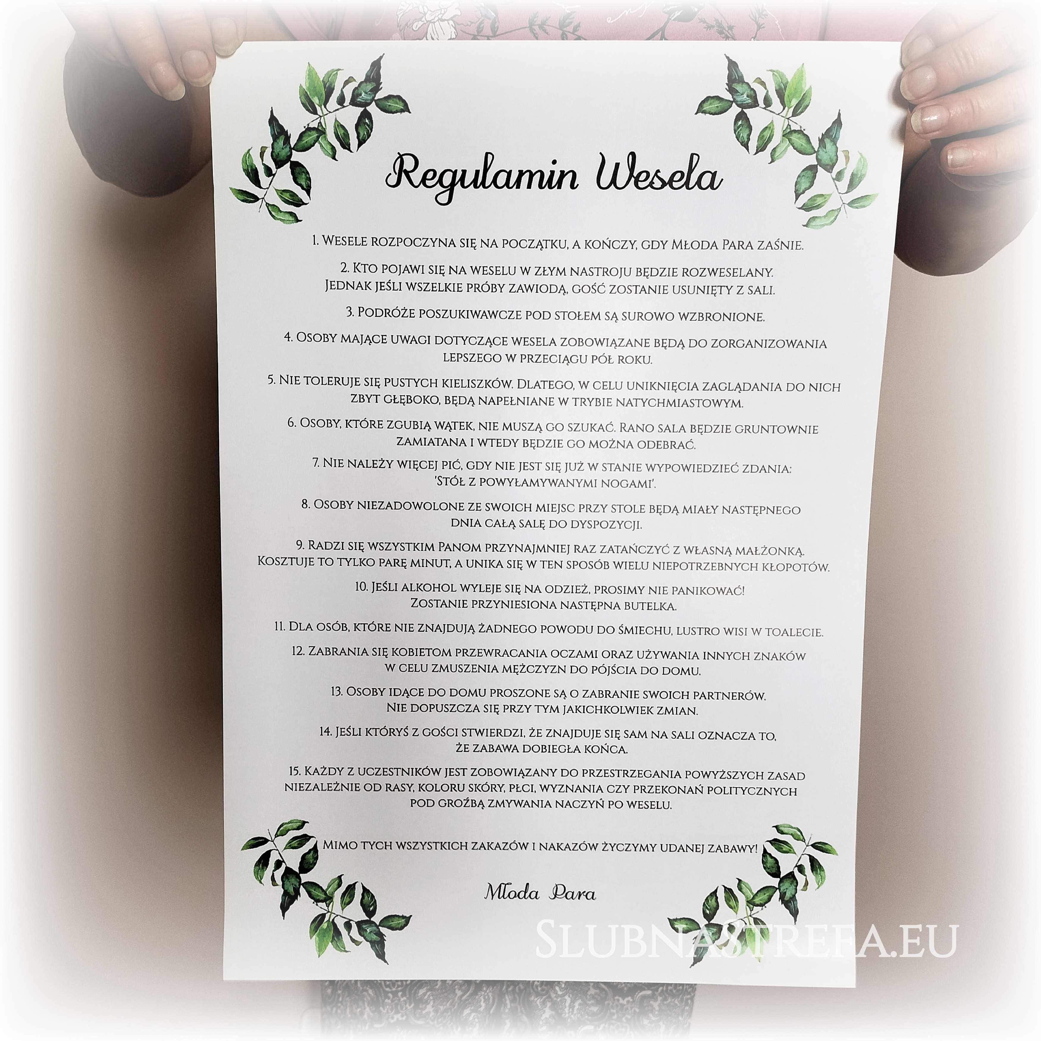 regulamin wesela a3 duży regulamin zabawny na ślub wesele