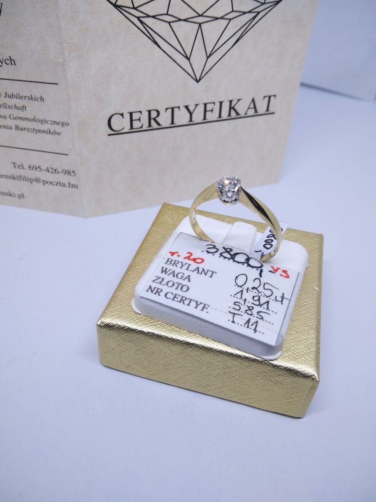 Złoty pierścionek z brylantem 0,25 ct VS złoto 585 R 20   332