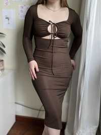 Brązowa elastyczna sukienka midi z wycięciem wiązaniem Sinsay xs