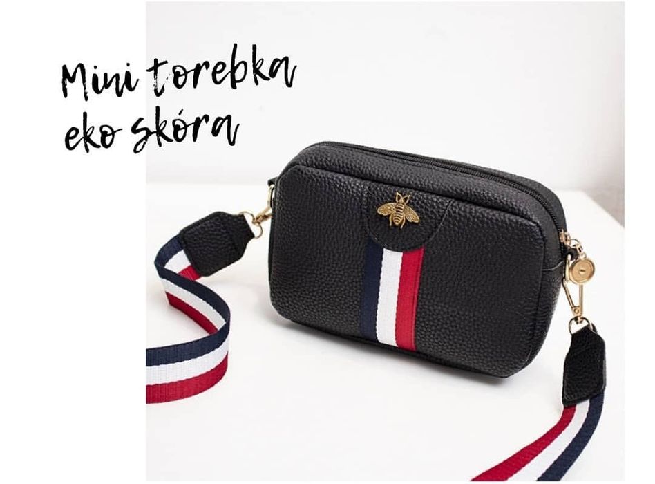 Torebka Mała czarna eko skóra z pszczołą listonoszka