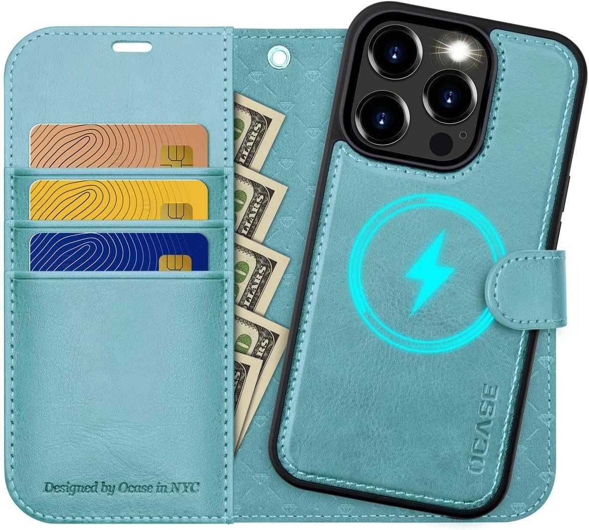 Ocase iPhone 15 Pro Max etui skórzane do  stojak miętowe magsafe 2w1