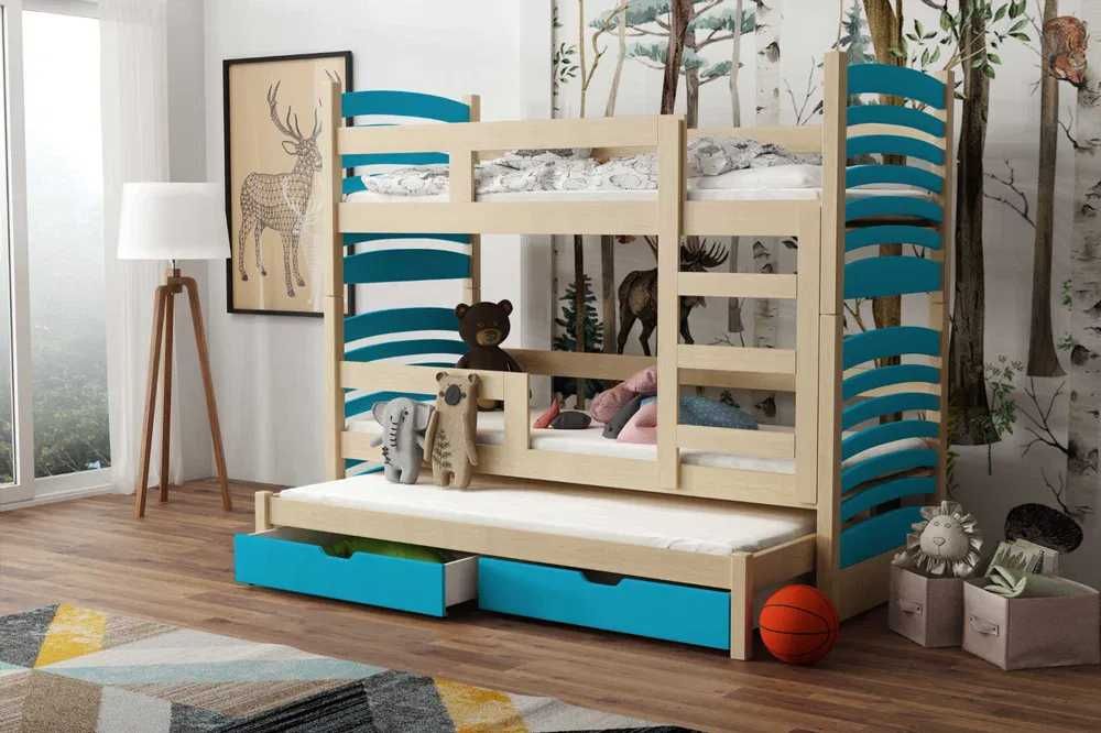 Sosnowe łóżko piętrowe dla dzieci OLAF z szufladami + materace