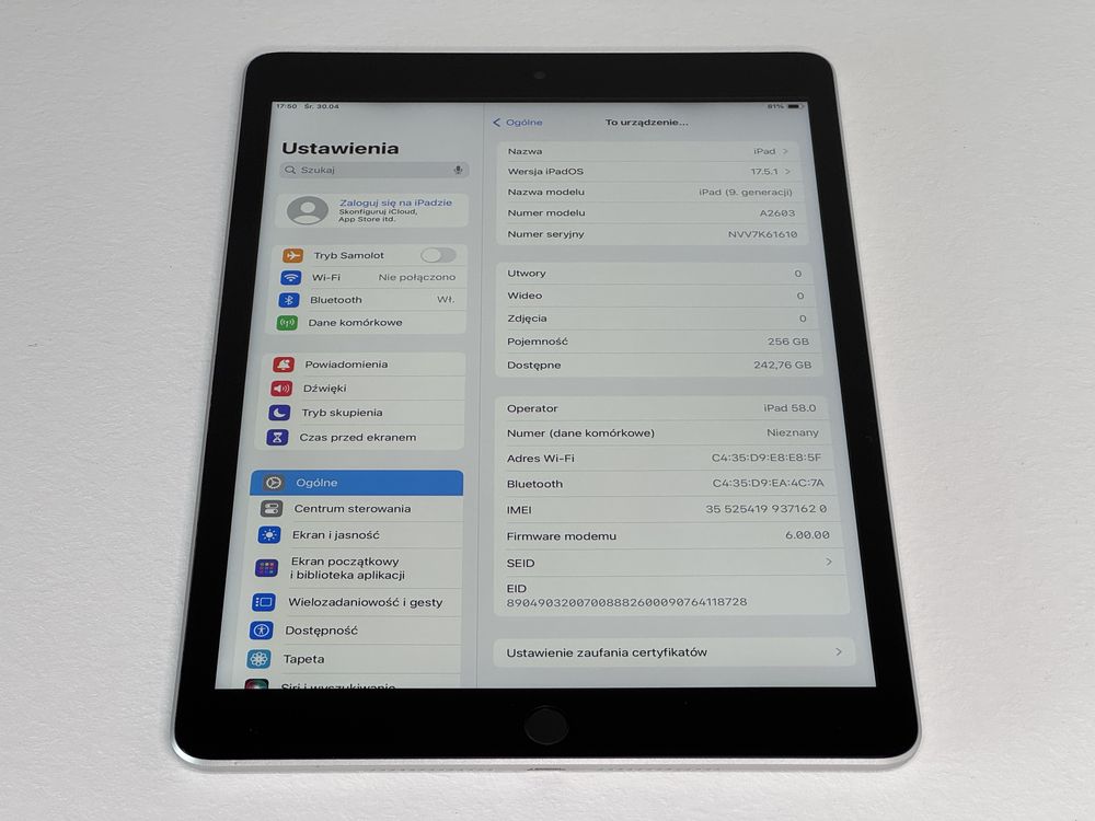 iPad 9. gen. (A2603) - 256GB - Cellular (LTE) - faktura VAT 23%