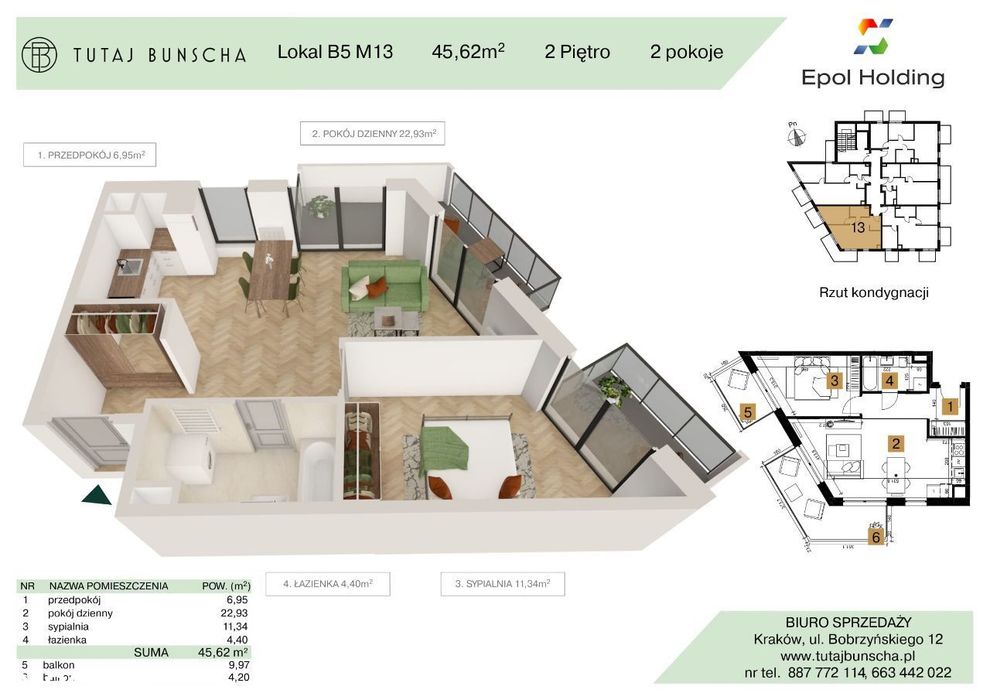 2-pokojowe mieszkanie 45 m2 + 2 balkony 9 i 4 m2, Bezpośrednio