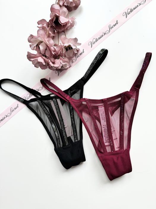 Zestaw bordowe i czarne stringi z kryształkami Victoria’s Secret