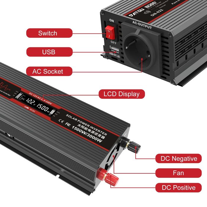 Інвертор Datouboss DN-022 1000W (2200W), DC12V to AC220V