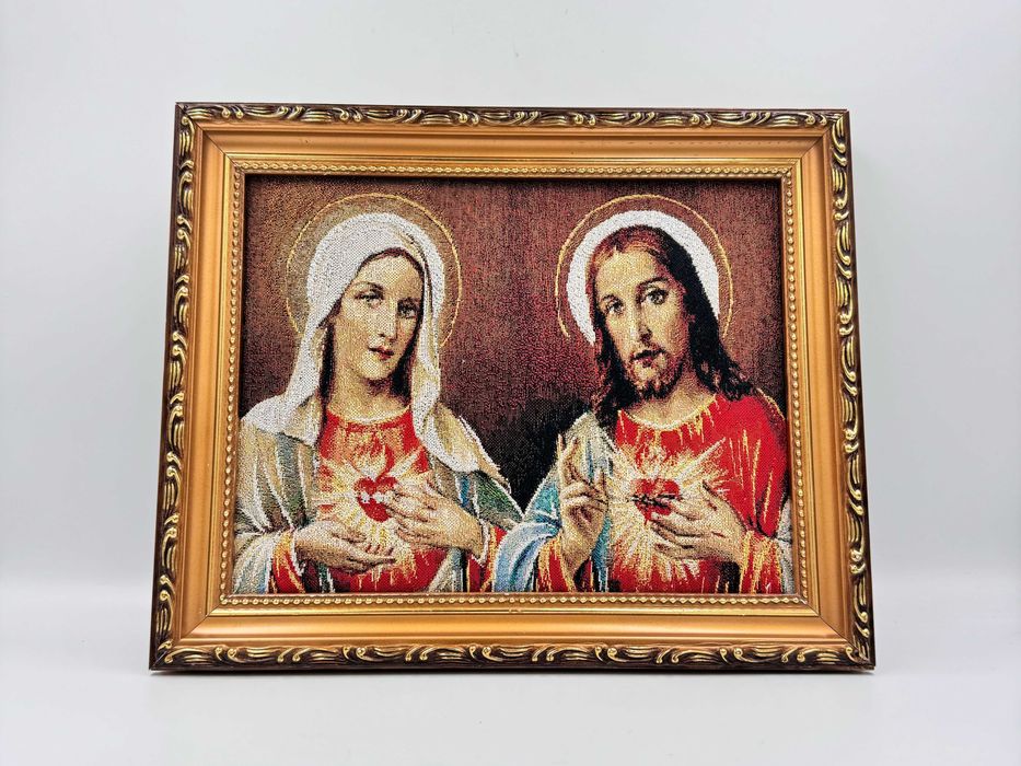 Tkany materiałowy obraz Matka Boska oraz Jezus w złotej ramie