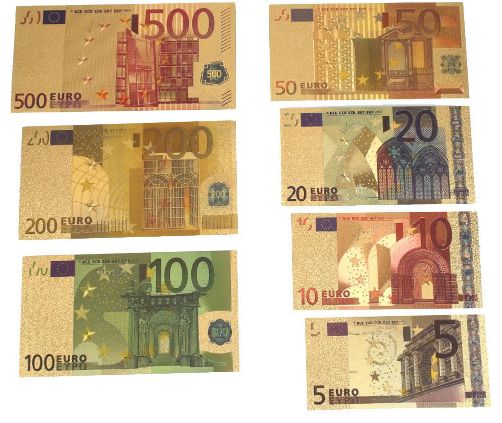 Banknoty Euro - zestaw złocony (7 sztuk). Piękny. Najtaniej.