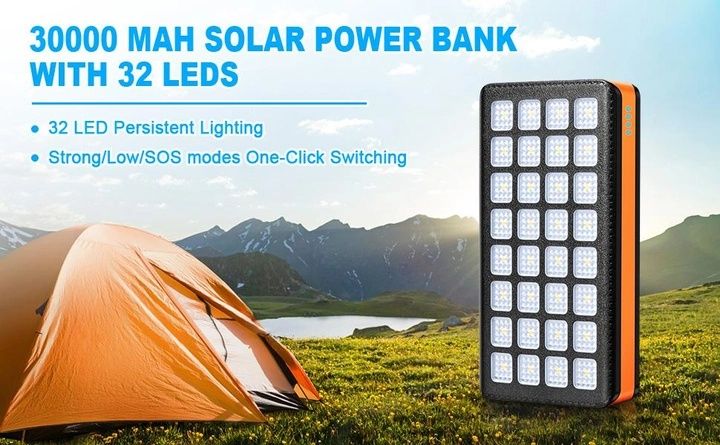 Потужний Power Bank Solar 30000 mAh + фонарик с солнечной панелью PS-9