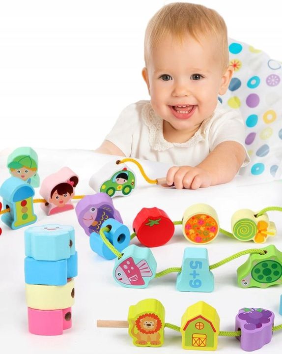 Koraliki Klocki Drewniane Do Nawlekania Montessori Edukacyjne Duży Zes