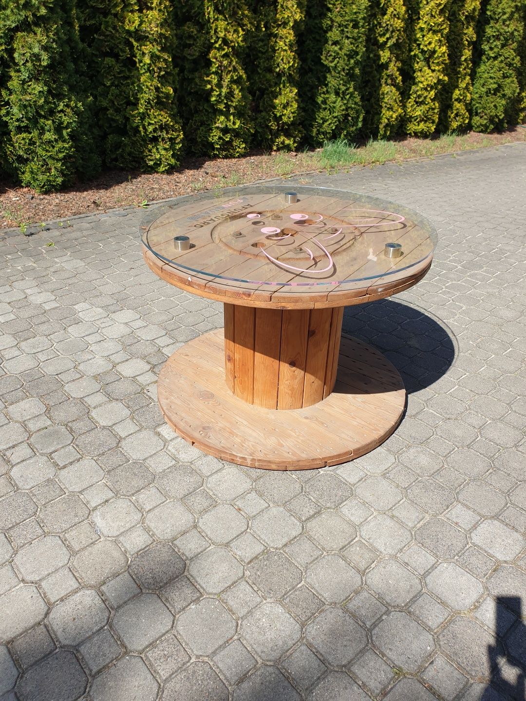 Szpula drewniana - stolik szkło hartowane