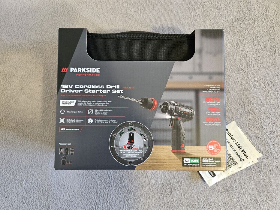 Wiertarko wkrętarka Parkside Performance PBSPA E4 + zestaw akcesoriów