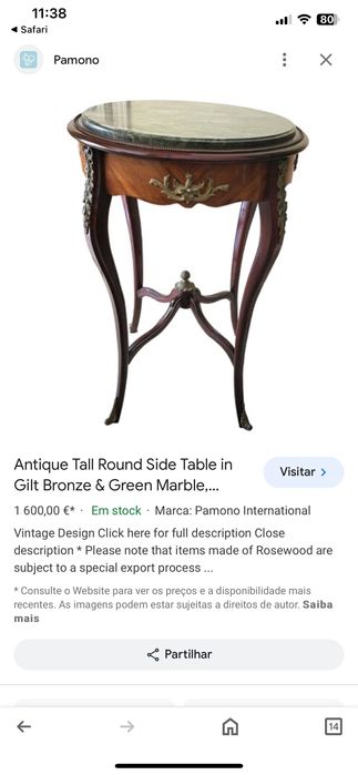 Mesa Centro Império Madeira Bronze Mármore 78 cm