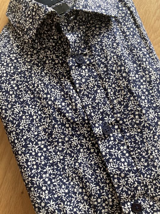 Elegancka koszula HM we wzory granatowa biała Premium Cotton Slim Fit