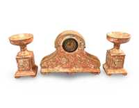 Relógio de mesa antigo cerâmica e par de colunas decoração esponjada