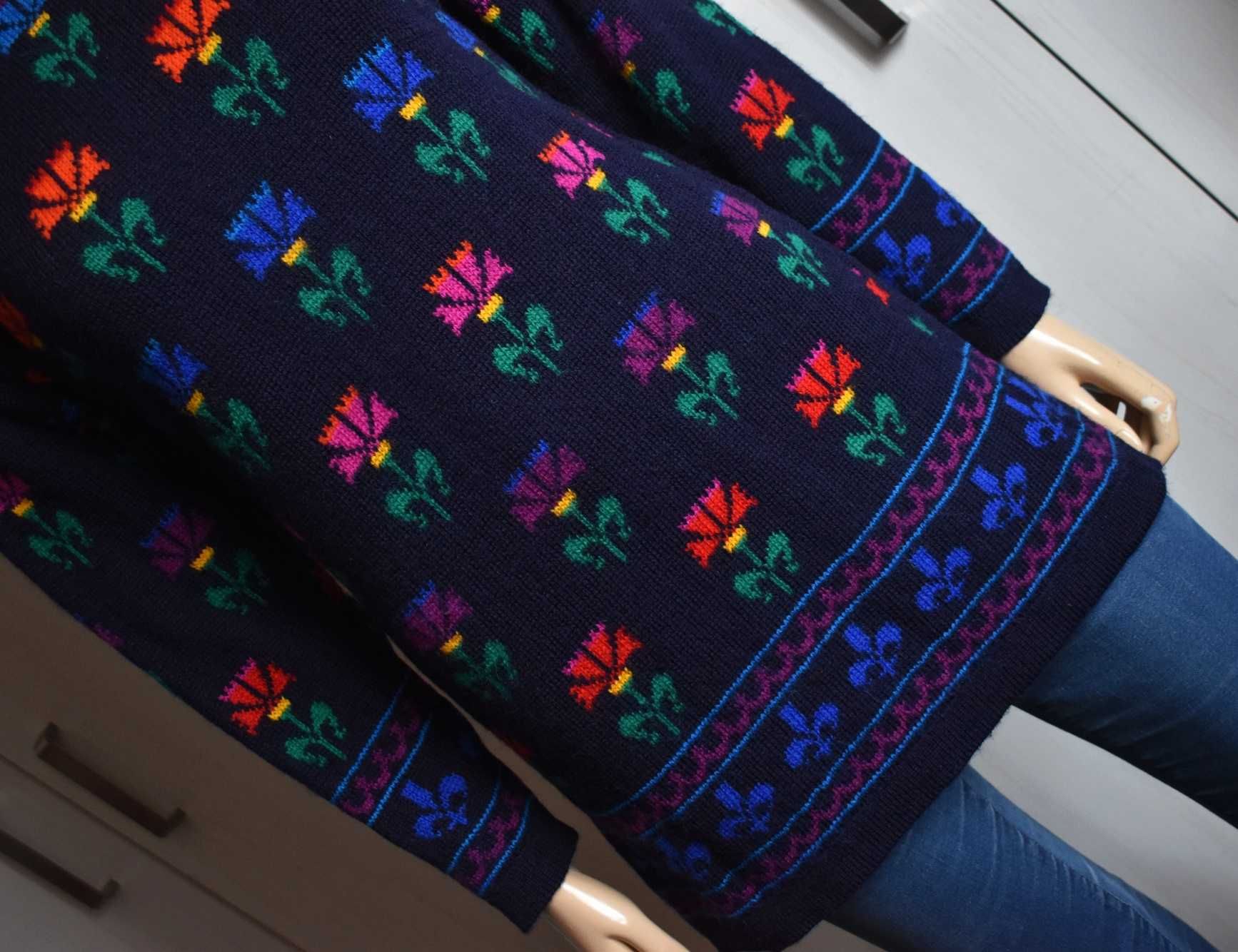 Sweter wełniany 38 M wełna 100% łowicki słowiański ciepły gruby dłuższ
