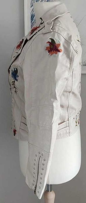 Nowa elegancka beżowa ramoneska eko skóra  haftowane kwiaty dżety 44