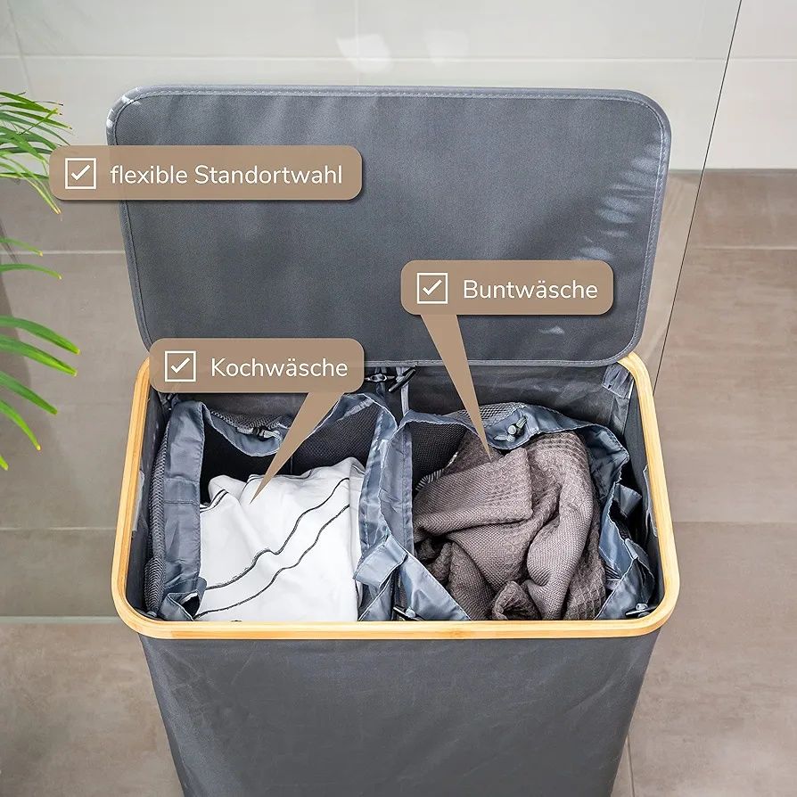 Kosz na pranie dwukomorowy 145L materiał+ bambus B51
