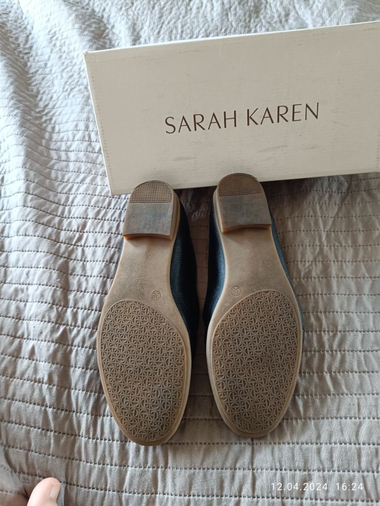 Mokasyny skórzane, Sarah Karen, czarne damskie buty rozmiar 38