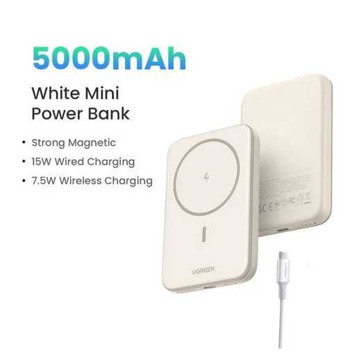Ugreen Magnetic Mini Wireless Fast Charge Power Bank 5000mAh white 15w