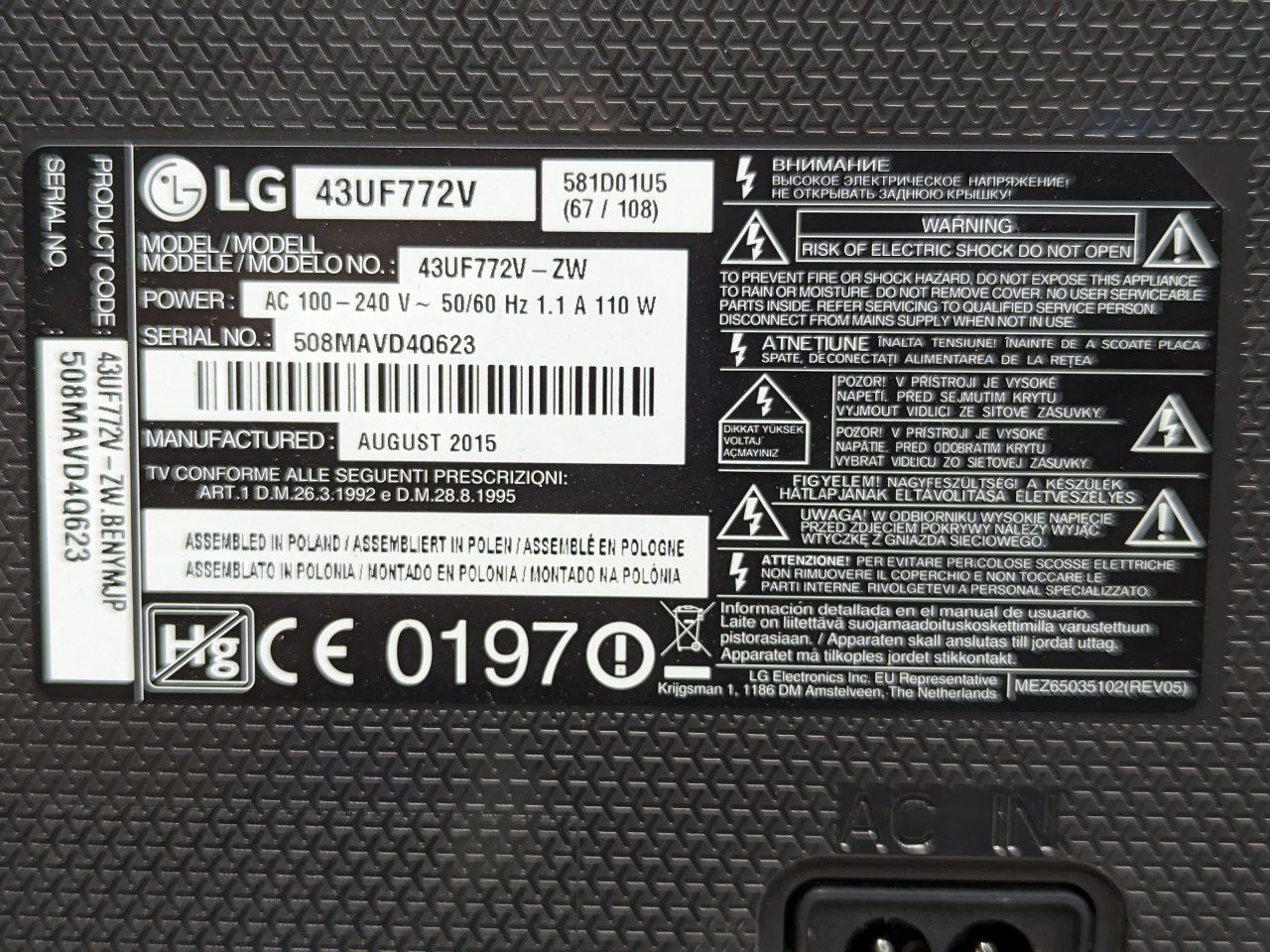 LG 43UF772V  (43") 4K Ultra HD Smart TV Wi-Fi IPS 1400 Hz