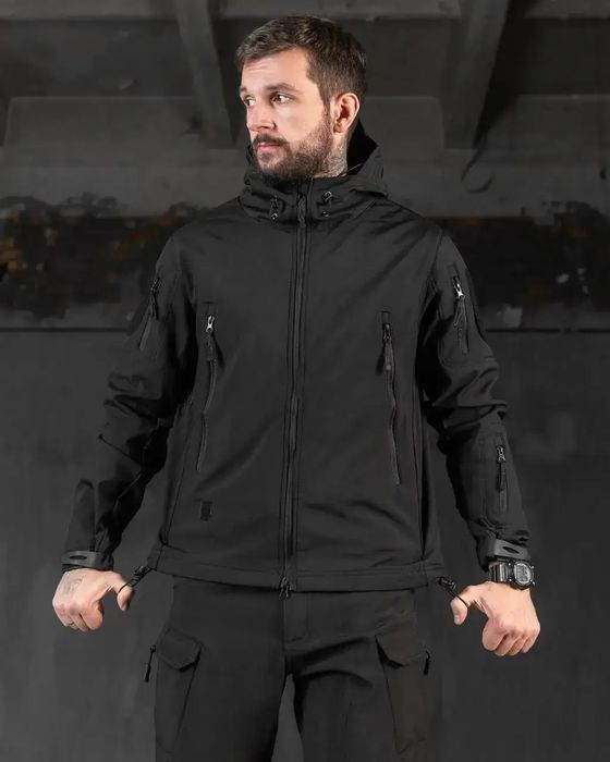 Костюм на флисе софтшел черный, куртка и штаны военная форма Львов.