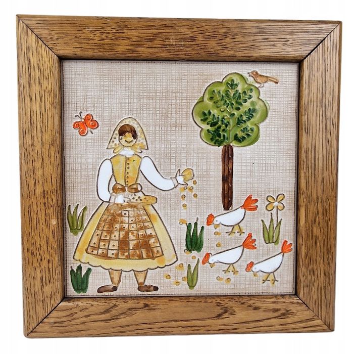 Płytka ceramiczna z terakoty z drewnianą ramą z lat 70-tych  WŁOCHY