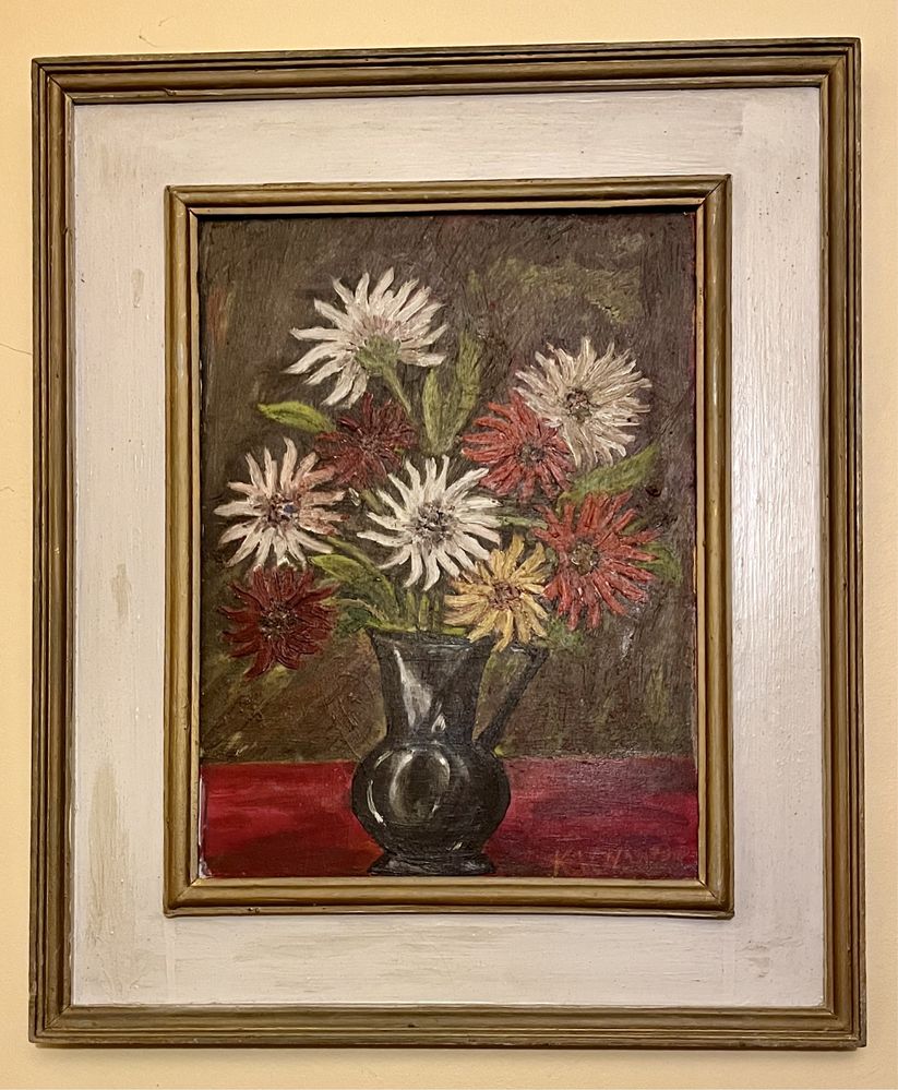Śliczny duży obraz olejny. Kwiaty w wazonie. Francja, lata 60