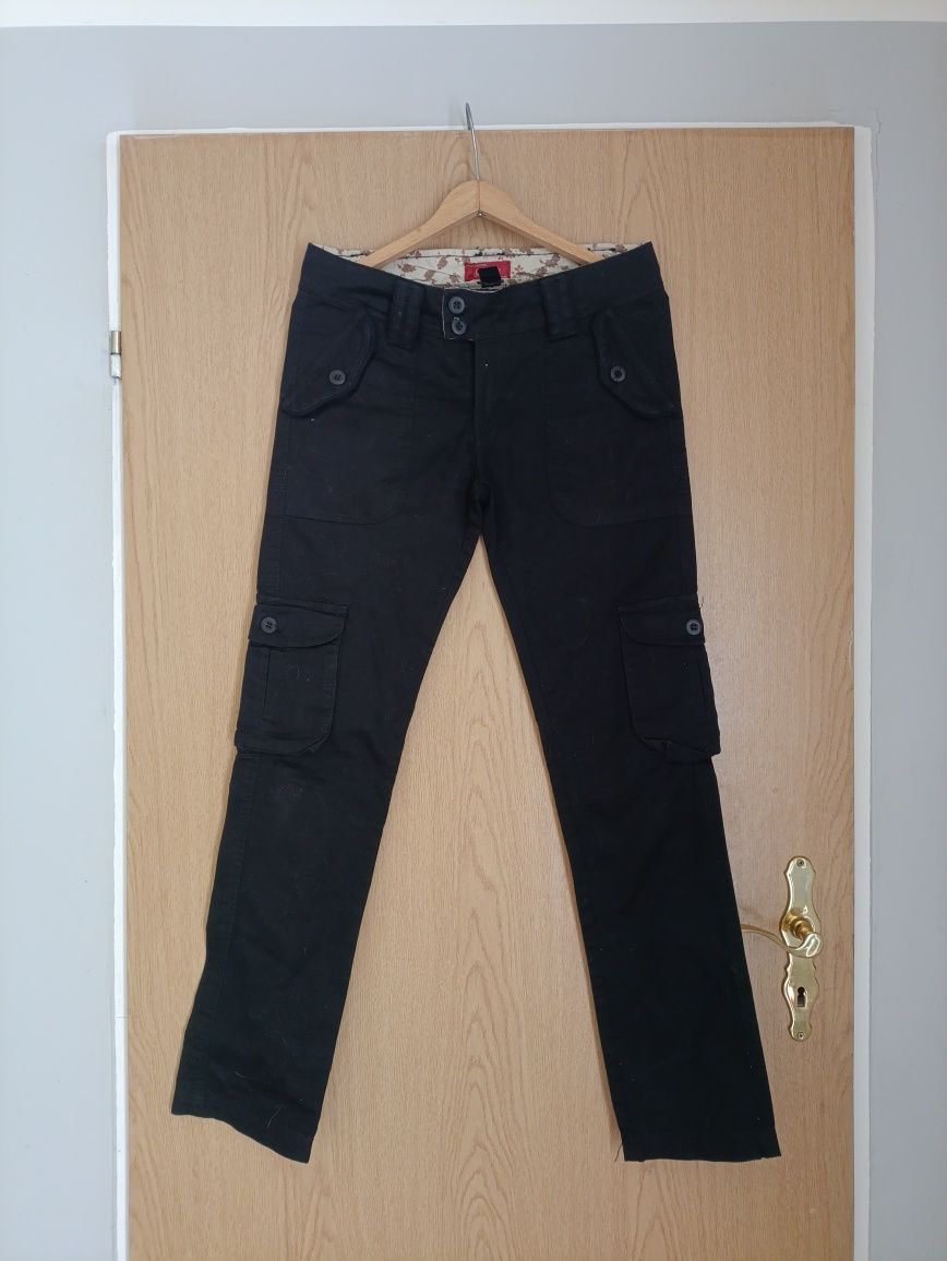 Spodnie czarne damskie bojówki proste  z kieszeniami 38 m raw vintage