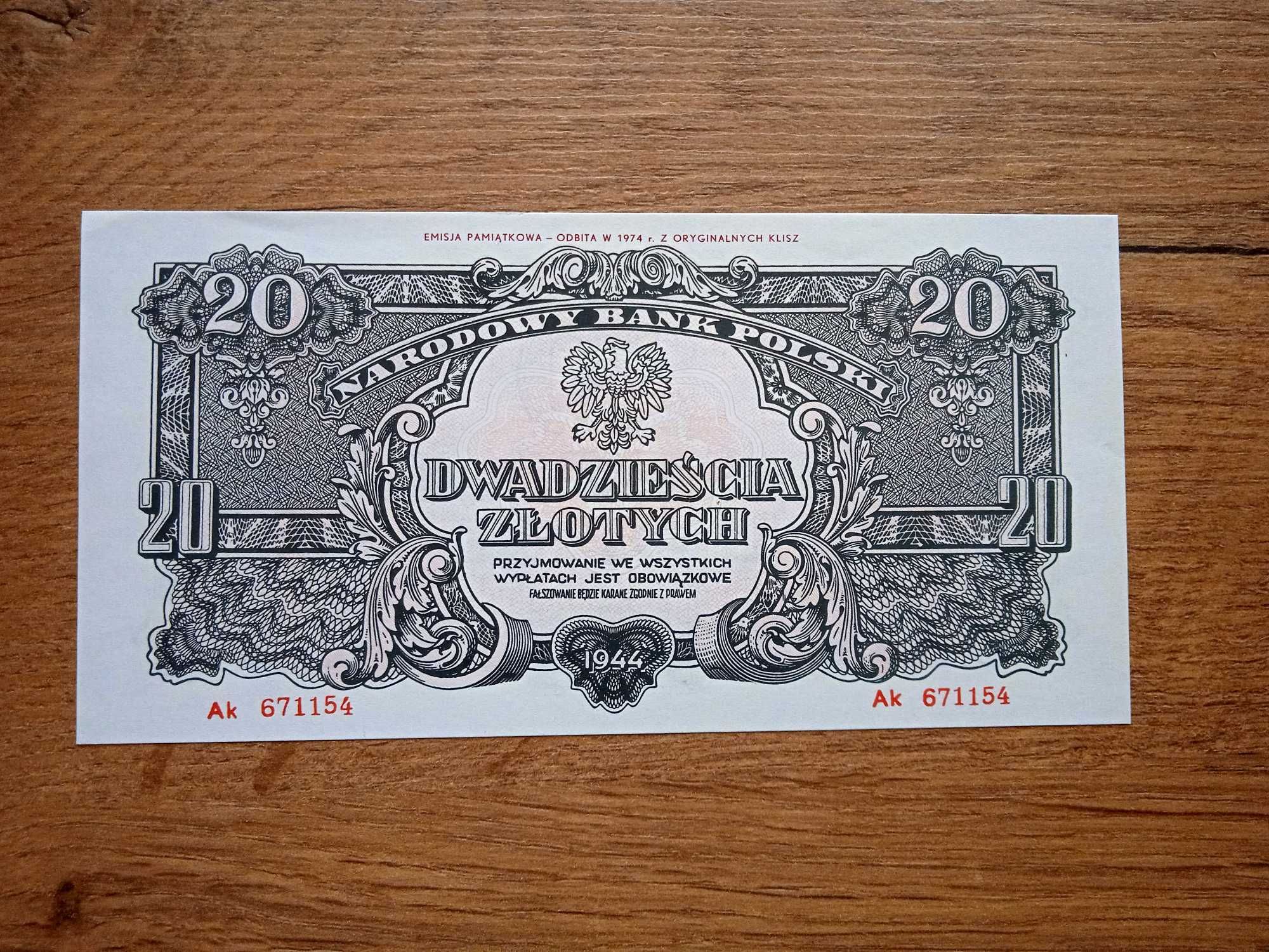 20 zł 1944 UNC emisja pamiątkowa