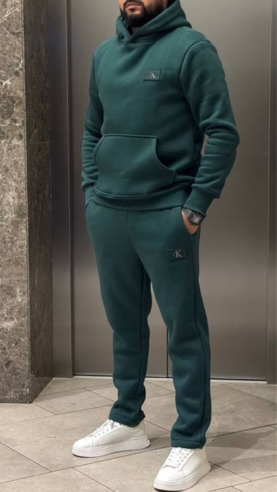 ЗИМНИЙ НА ФЛИСЕ спортивный мужской костюм зеленый черный Hugo Boss