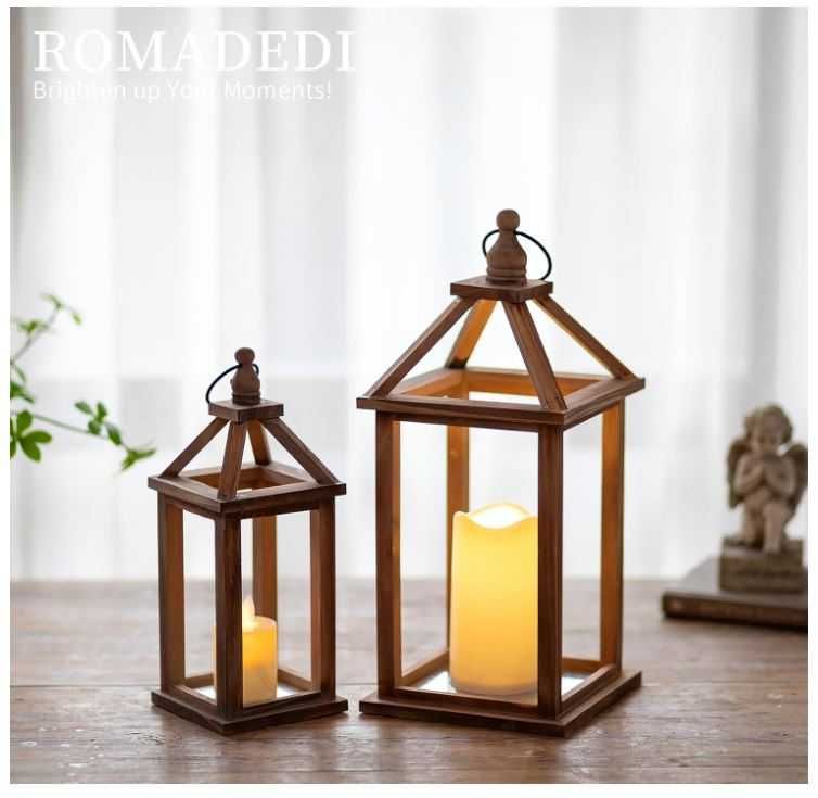 Zestaw 2 dużych, drewnianych lampionów/latarni w stylu vintage