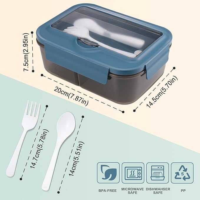 Duży Lunch Box 1,4l Śniadaniówka Pojemnik Na Lunch Sztućce 3 Przegrody