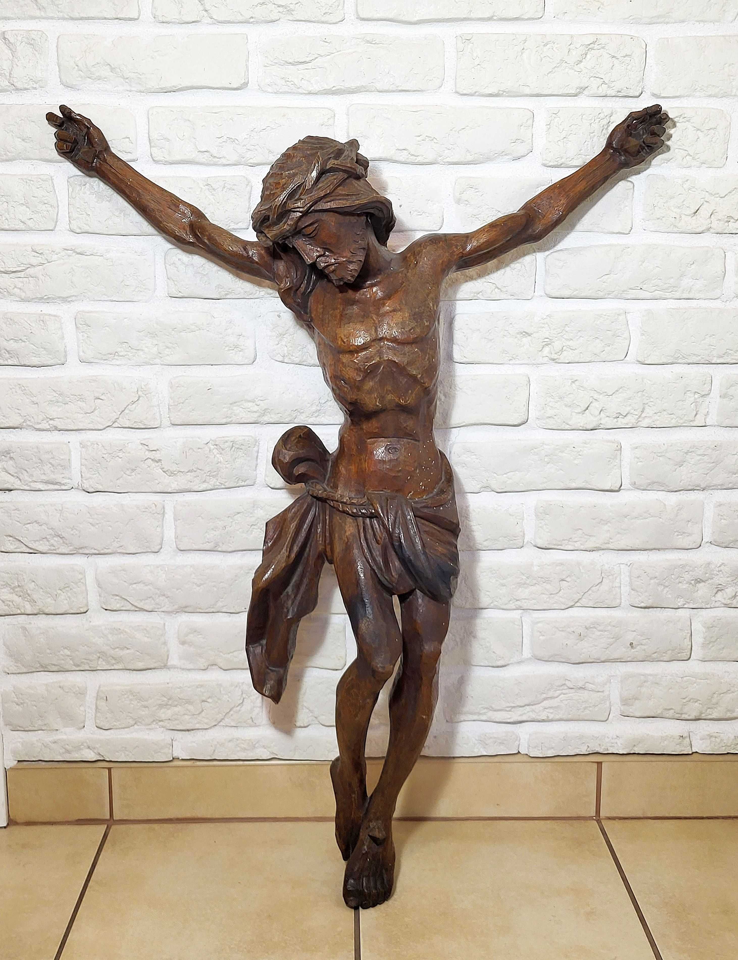 Duży Jezus rzeźba figura drewno krucyfiks 88cm vintage