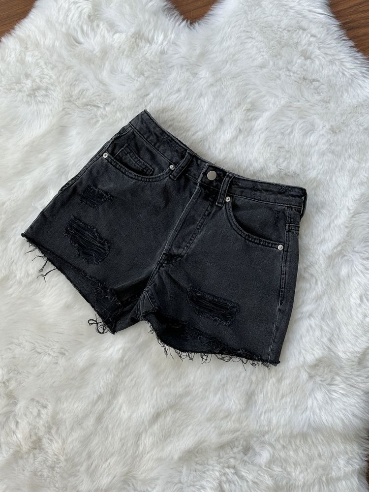 Szare spodenki jeansowe szorty z przetarciami wysoki stan