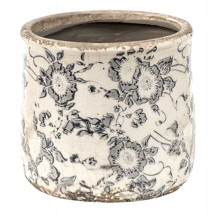 Donica osłonka ceramiczna w szare kwiaty 12x12cm.  6CE1459S