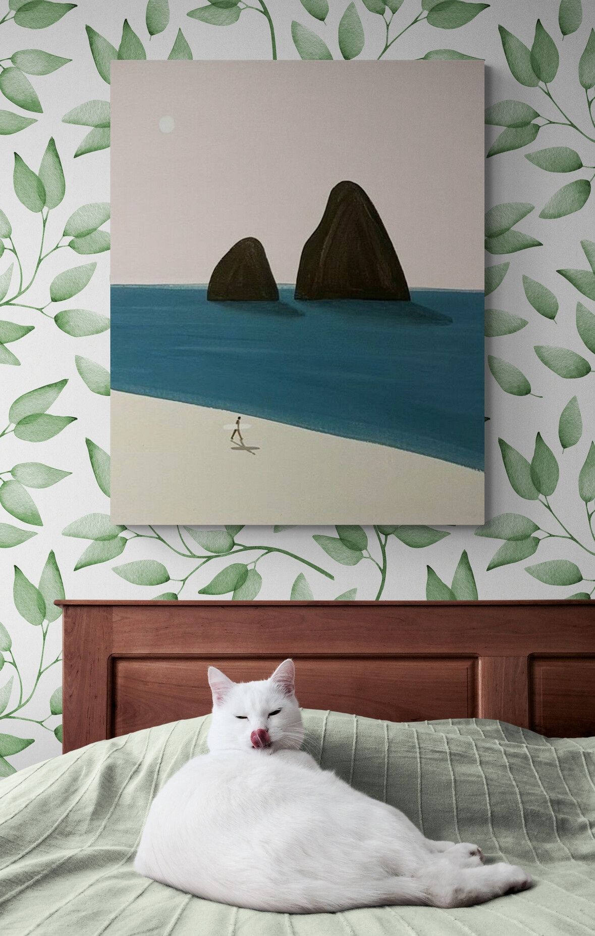 Obraz na płótnie ręcznie malowany akrylami "Sam na plaży" minimalism