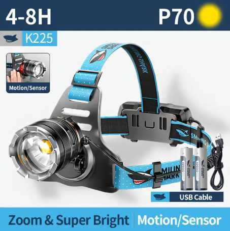 Налобный фонарик с мощным светодиодом P70 датчик движения, зум, Type-C