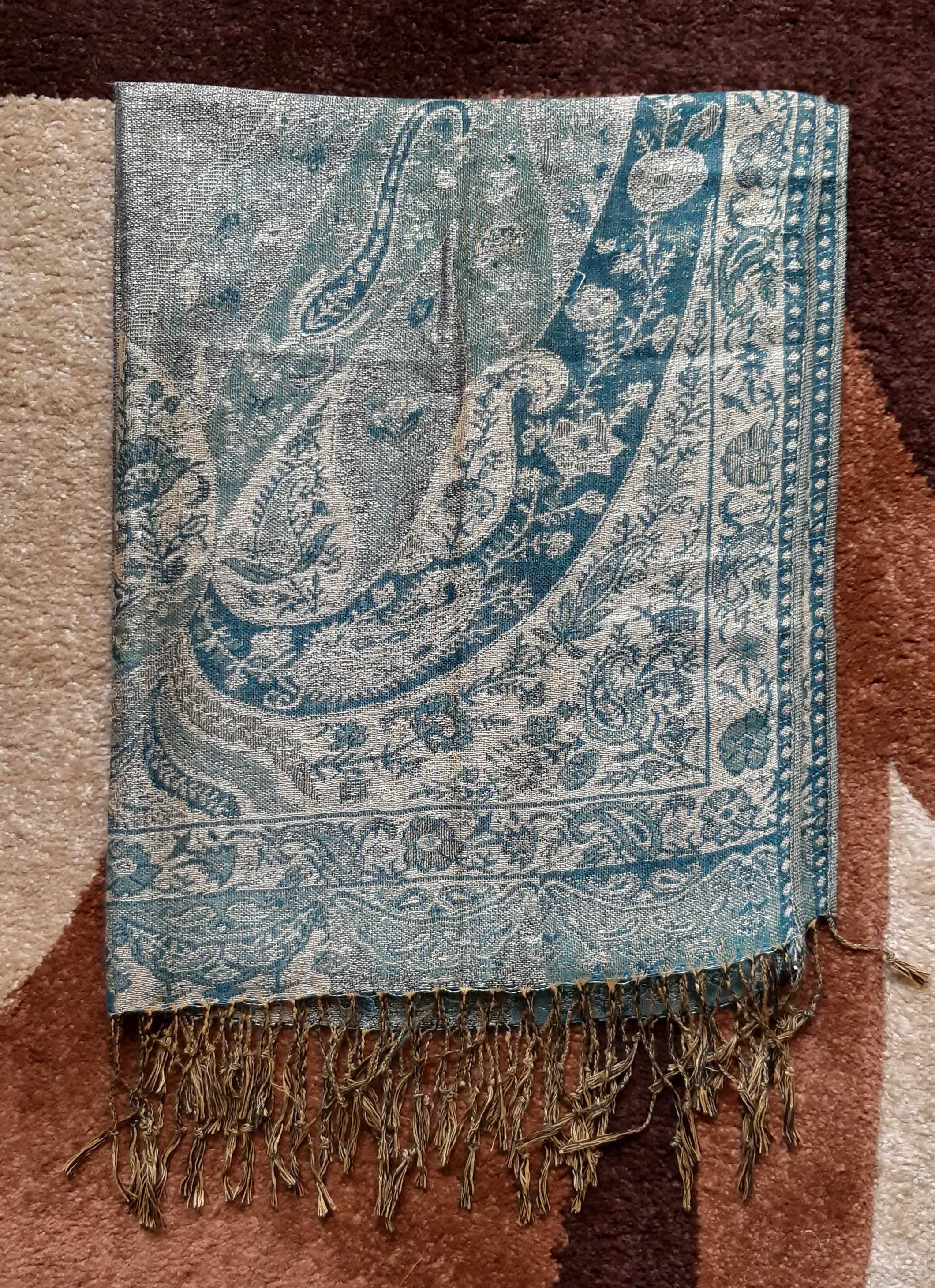 Szal pashmina ciemnozielono-złoty