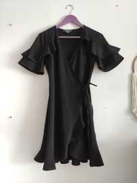Sukienka kopertowa czarna na zakładkę z falbanką klasyczna 34 xd 6