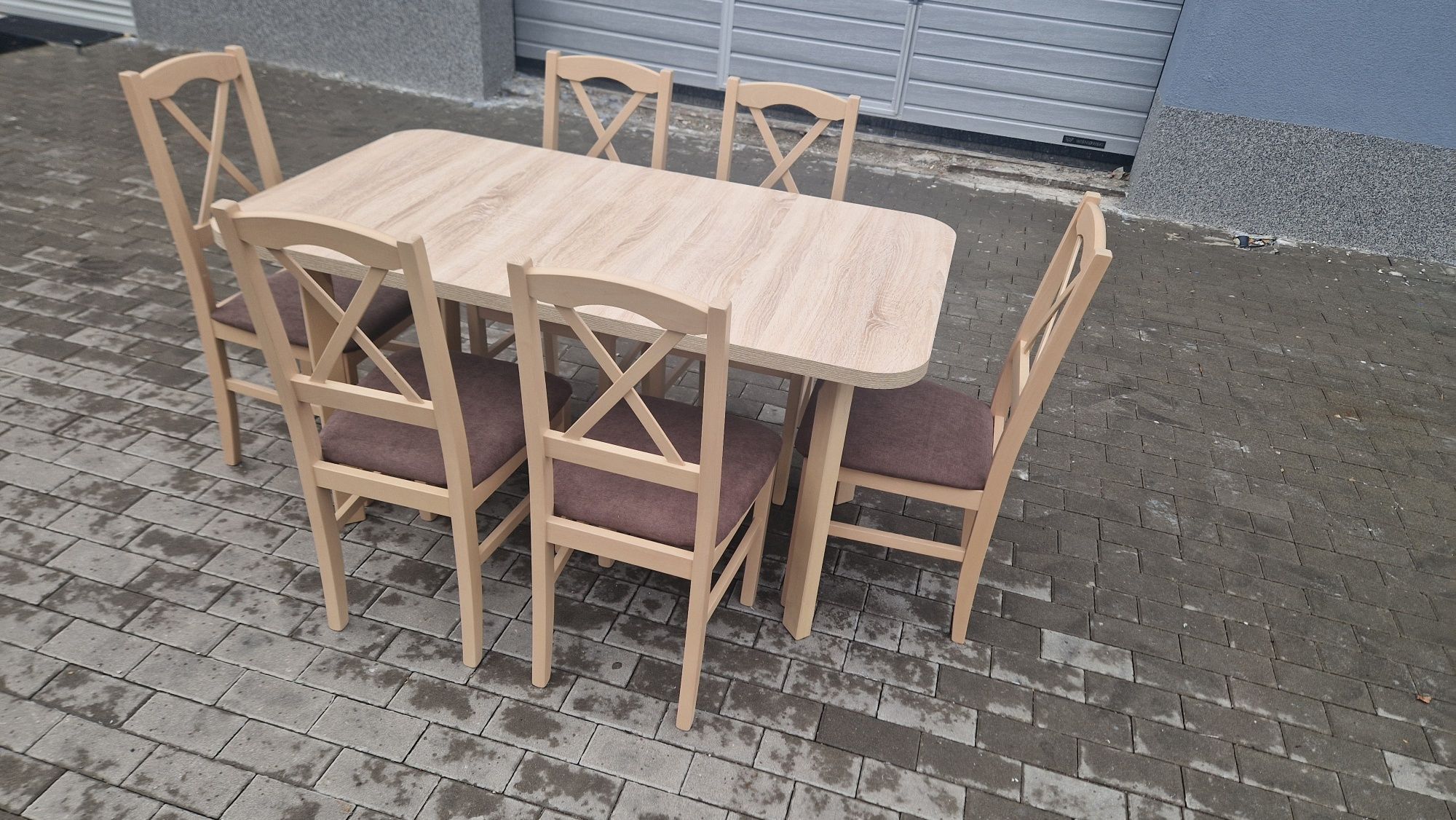 Nowe: Stół 80x140/180 + 6 krzeseł, sonoma + brąz(krzyż) dostawa całaPL