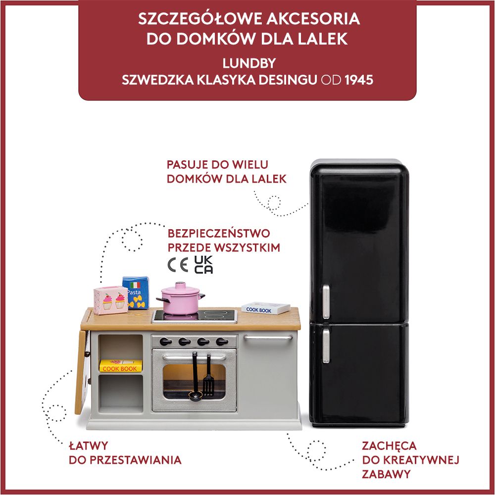 Zestaw mebli kuchennych do domku dla lalek, lodówka, kuchnia Lundby