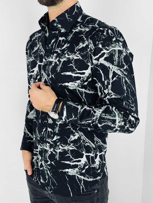 GIOVANNI PERA Koszula męska K015 Czarna/biała marmur