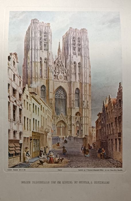 Gravura antiga catedral des Saints Michel et Gudule  Bruxelas