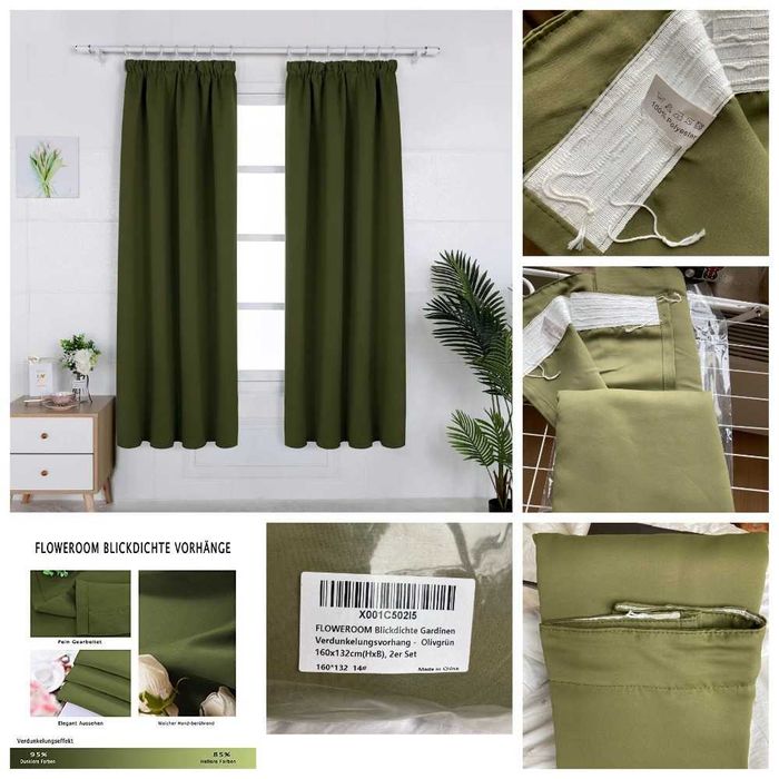 Zasłona zaciemniająca oliwkowo-zielone z taśmą 160 x132 cm 2 szt.