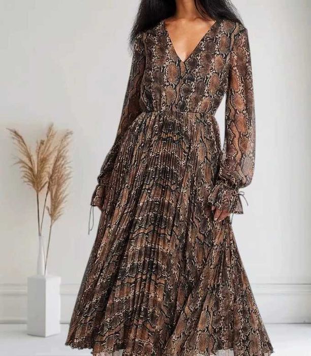 Sukienka MIDI plisowana zwierzęcy print animal bufiaste rękawy NA-KD