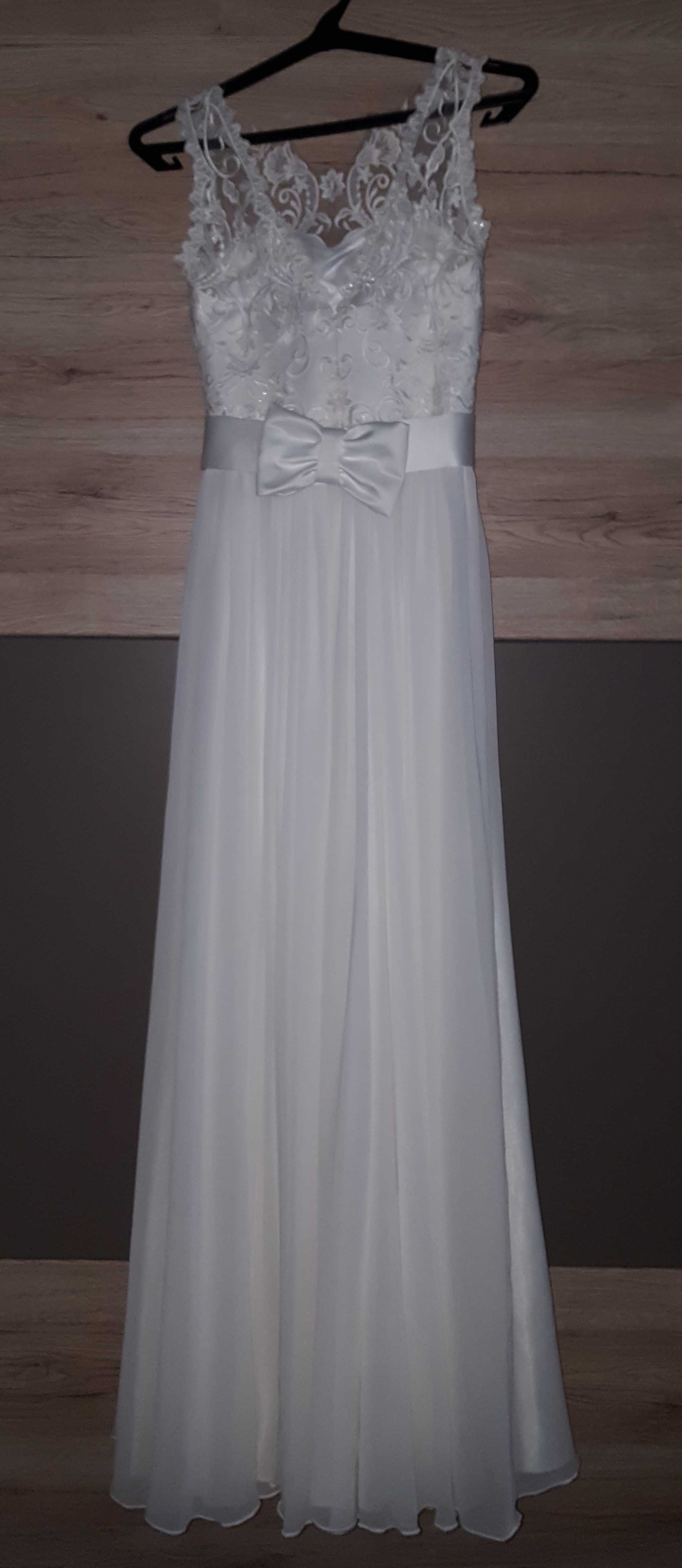 Suknia ślubna xs s 34 koronka szyfon kokarda