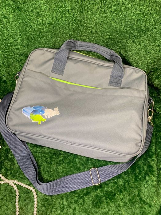 Сумка-портфель для ноутбука, текстиль, сірий із салатовим, 40×28×9 см