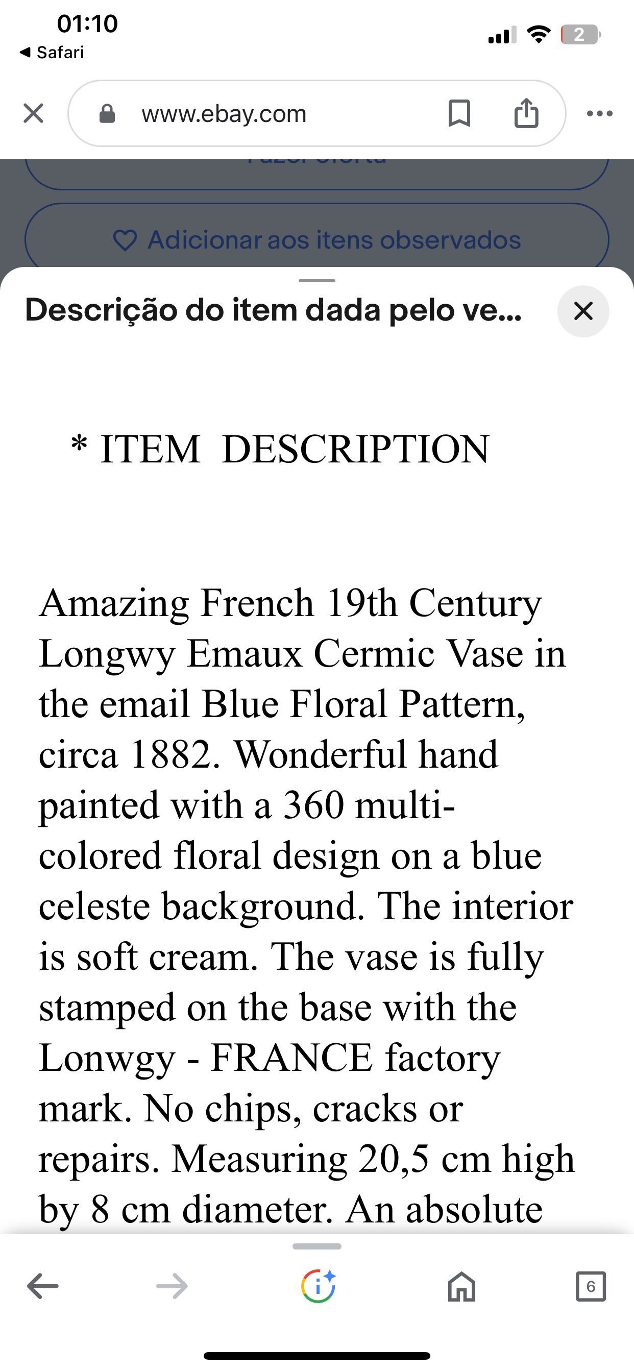 Vaso flores Longwy Canudo francês Séc XIX  azul
cerâmica 12 cm RARO