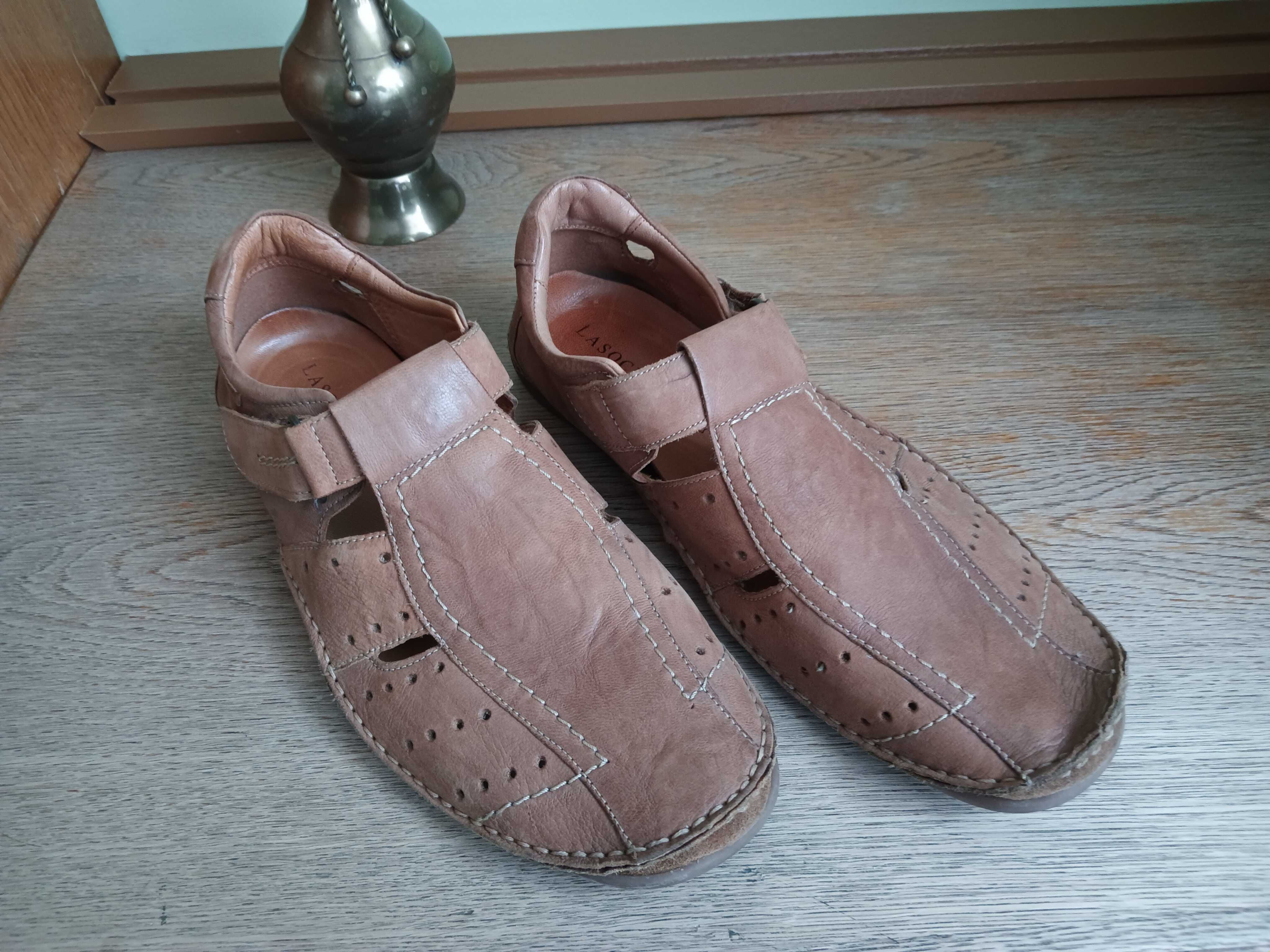Lasocki buty męskie skórzane ażurowe zapinane na rzep kolor brąz 43/44